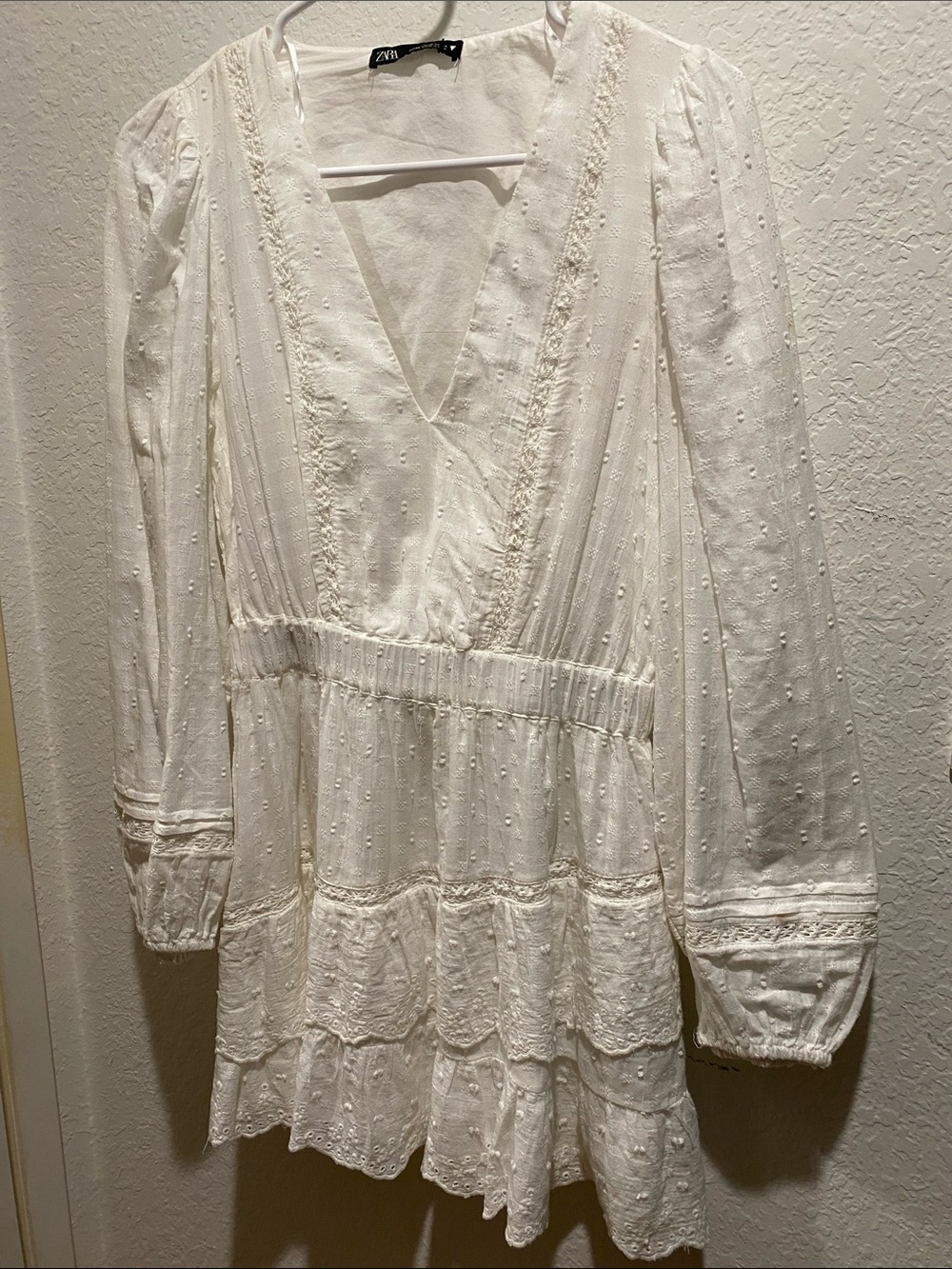 Zara White Swiss Dot V-Neck Tiered Mini Dress with Lace Trim